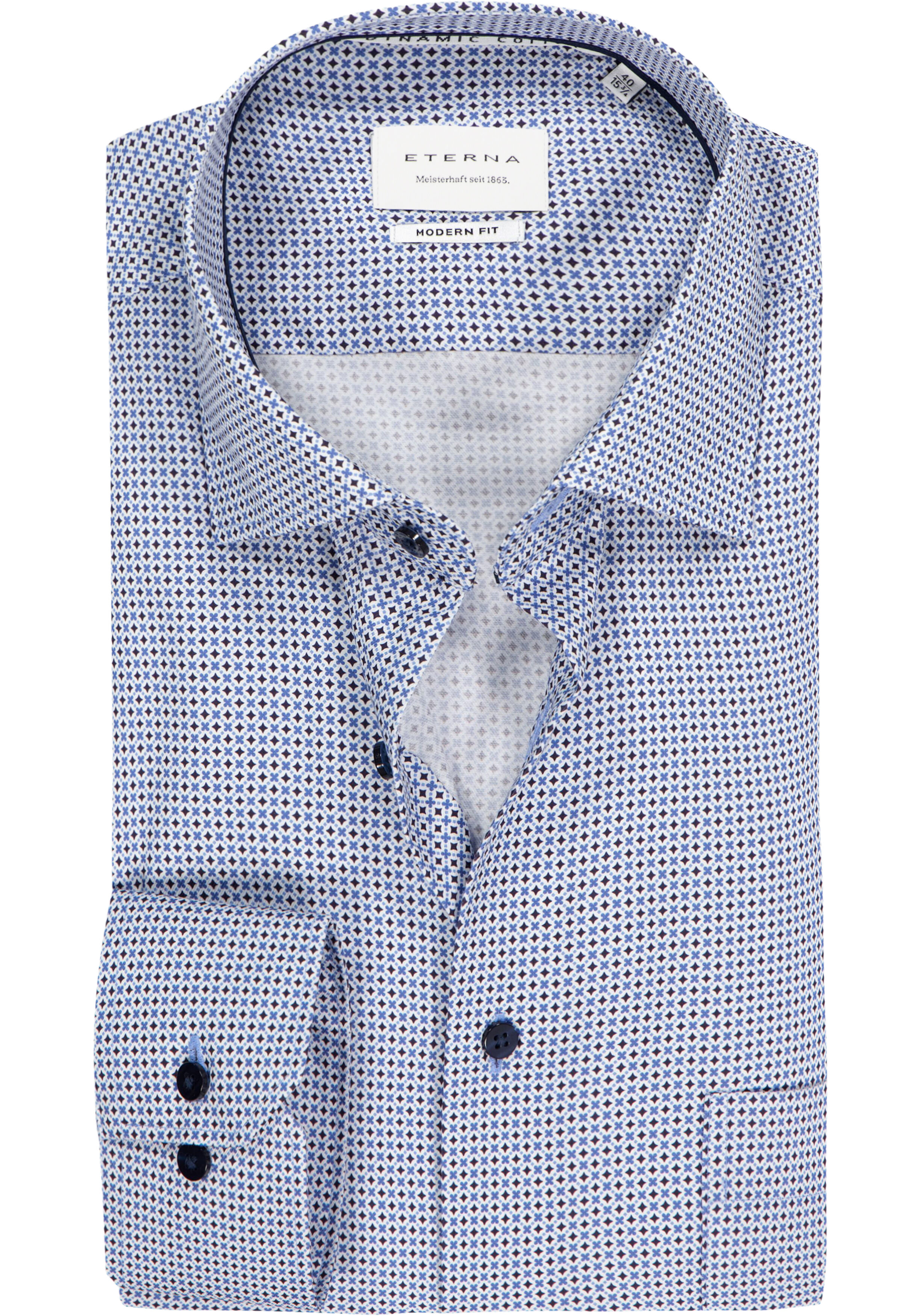 ETERNA modern fit overhemd, twill, wit met licht- en donkerblauw dessin